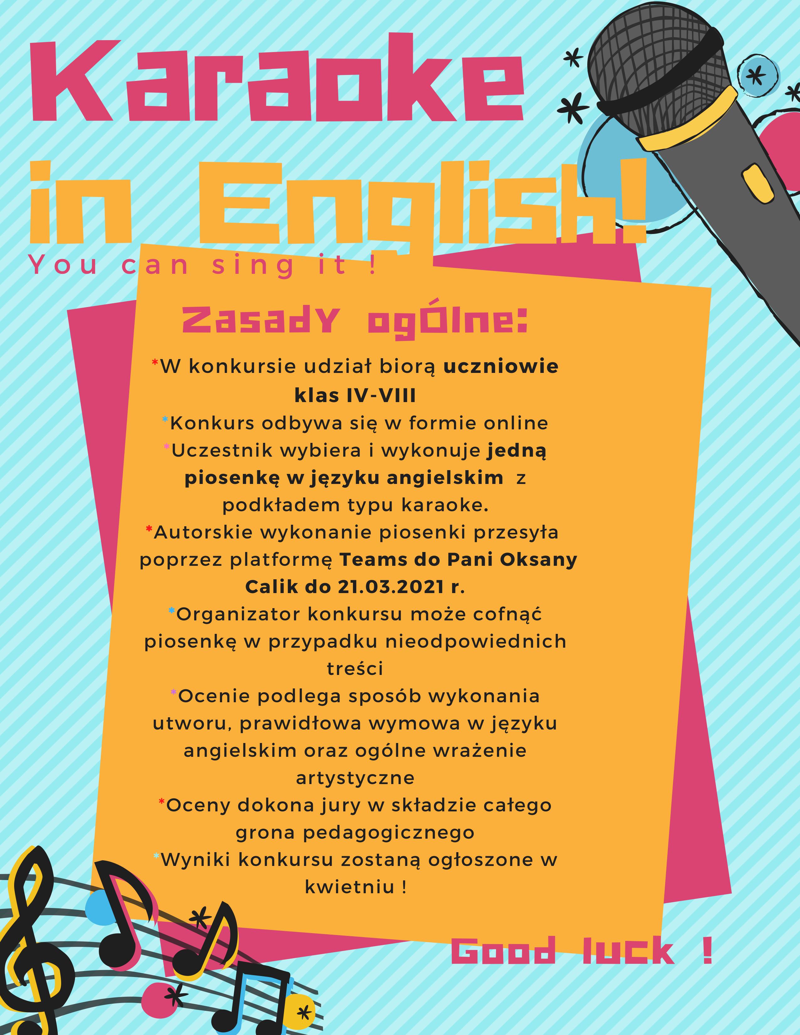 Zapraszamy uczniów klas IV-VII, do udziału w szkolnym konkursie Karaoke in English!